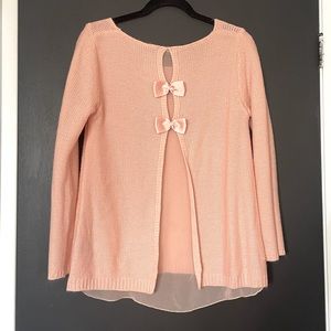 QED London Pink Sweater With Bow and Sheer Back Detail - Size Small.